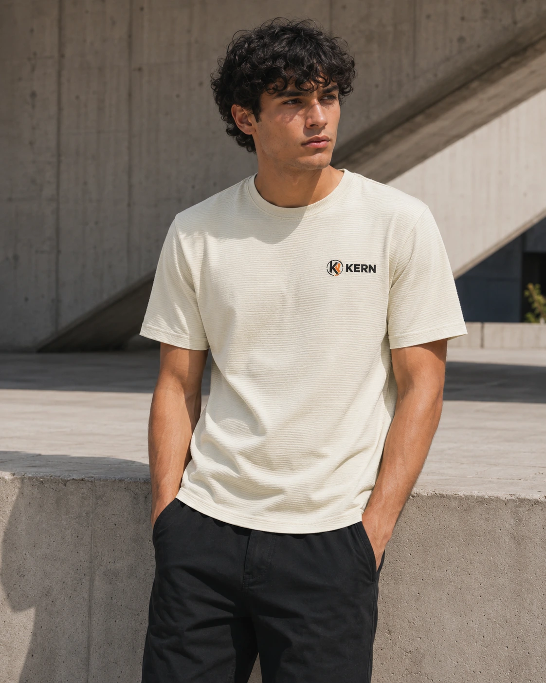 Model trägt das KERN Waffle Active Army Bone Block Shirt