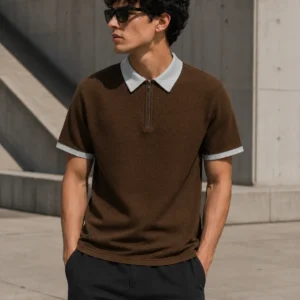 Male model wearing the KERN Essentials light blue T-shirt with small chest logo